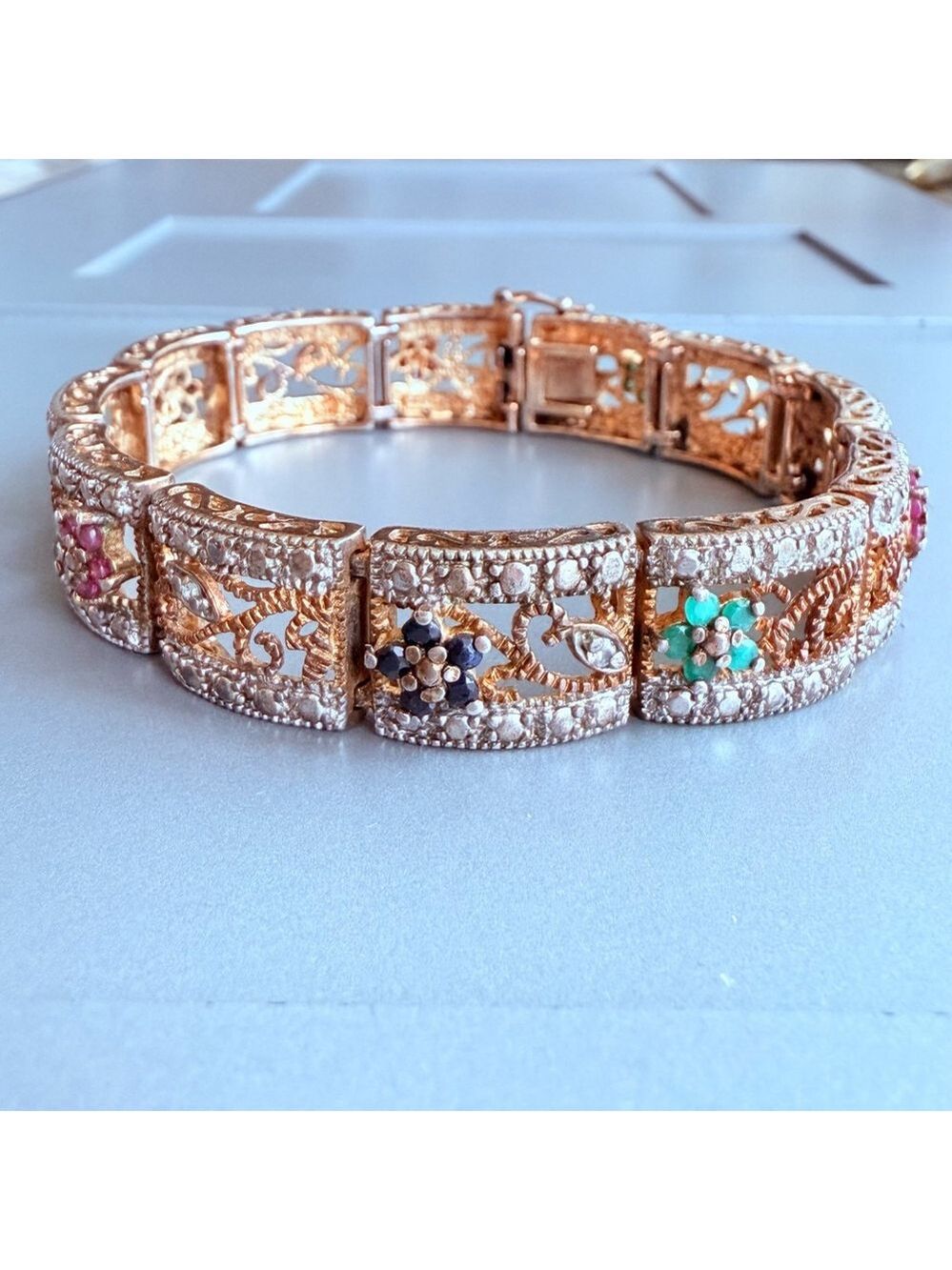 Emerald Sapphire Ruby 18K Vermeil Filigree Panel Sterling Silver 925 Bracelet